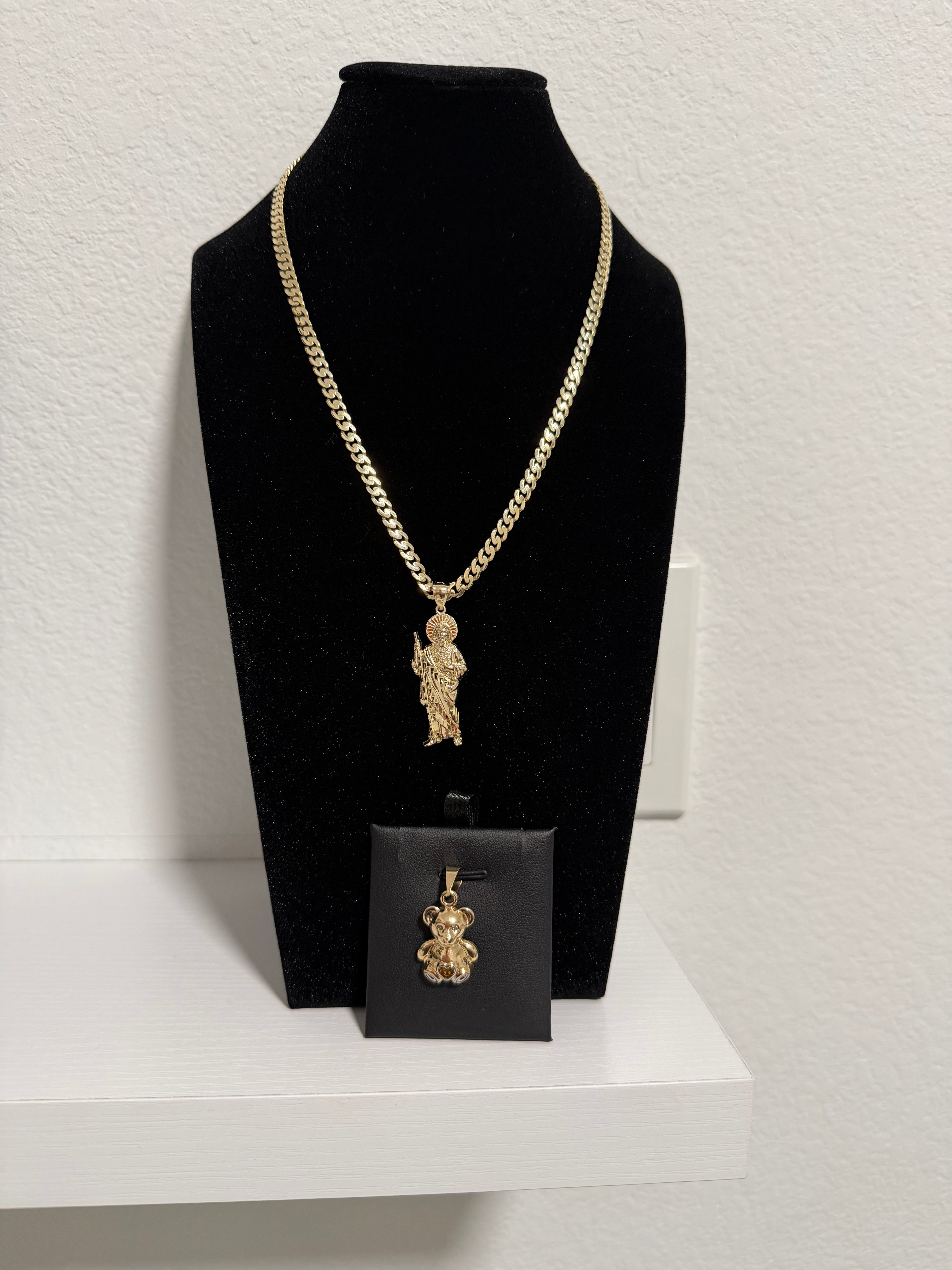 Monaco chain 18 long 5mm with Saint Judas charm Gold 10k bear charm in Italian 10k gold