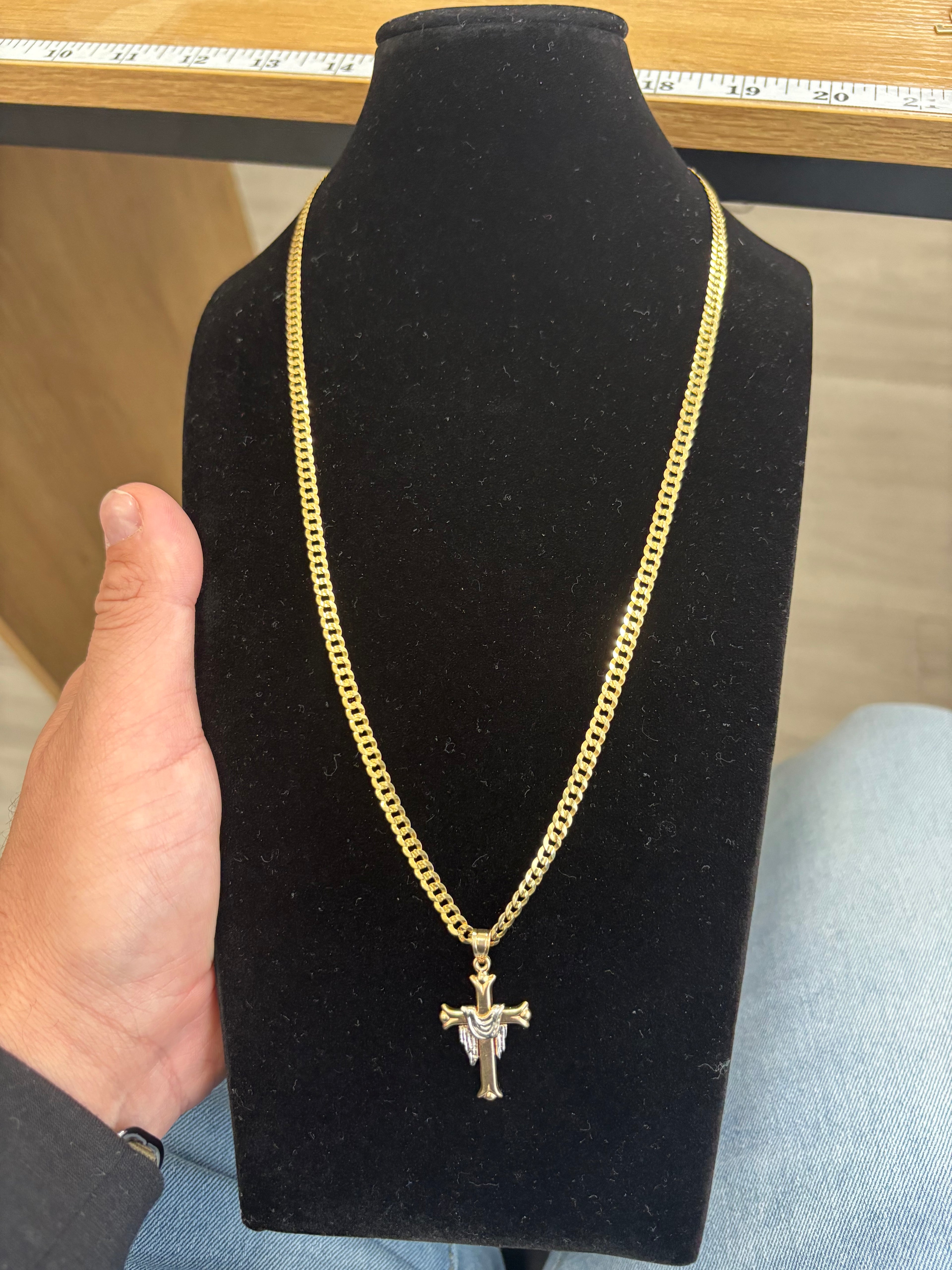 10k gold lustre cut chain with cross charm